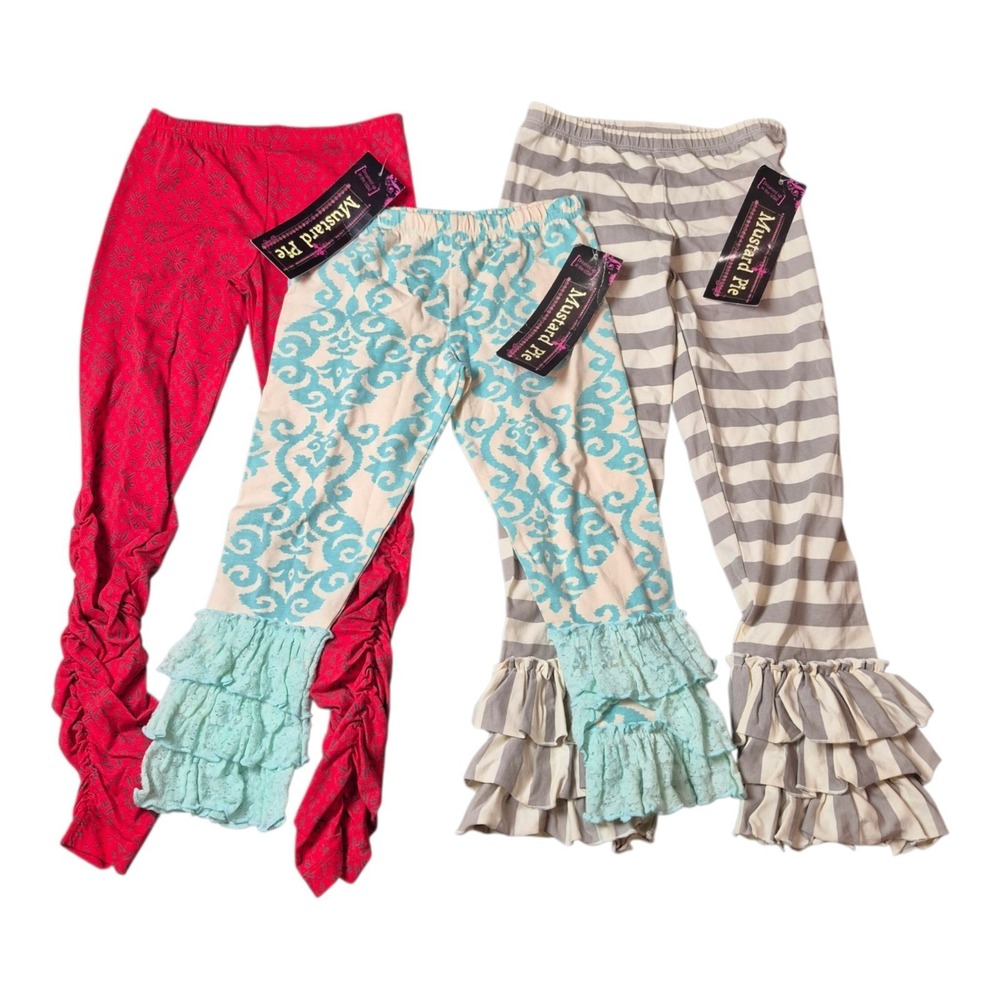 Mustard Pie Girls Size 7 Leggings Lot of 3 Ruffle Ruched Damask Stripe NWT
